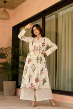 Off White Cotton Floral Kurta Palazzo Set