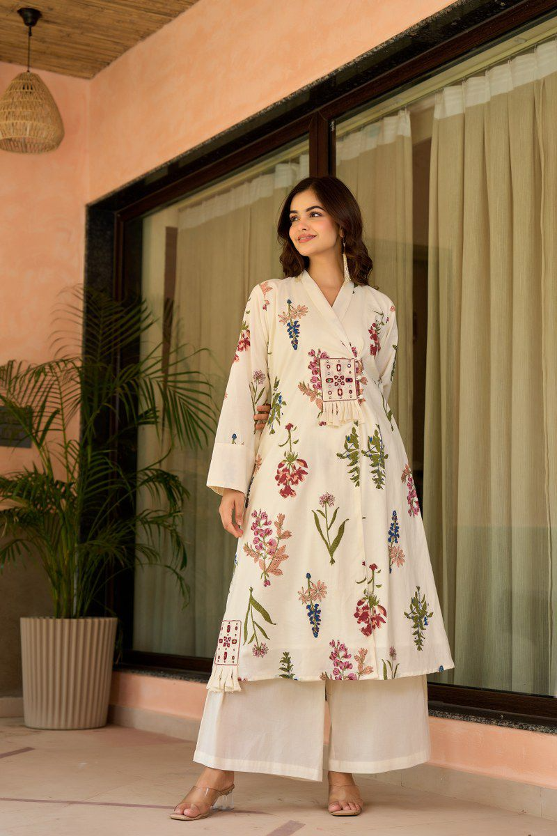 Off White Cotton Floral Kurta Palazzo Set