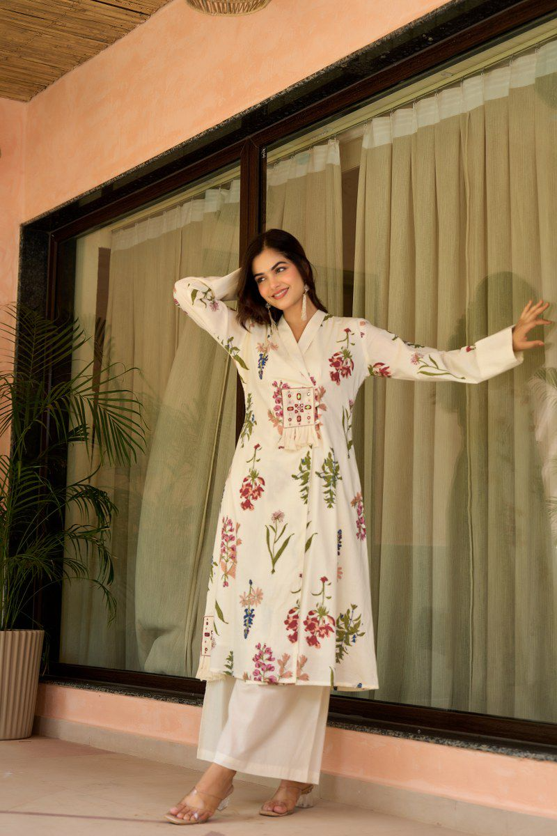 Off White Cotton Floral Kurta Palazzo Set