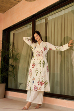 Off White Cotton Floral Kurta Palazzo Set