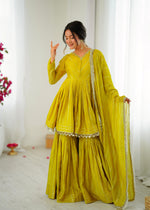 Lime Yellow Mul Chanderi Sharara Suit Set