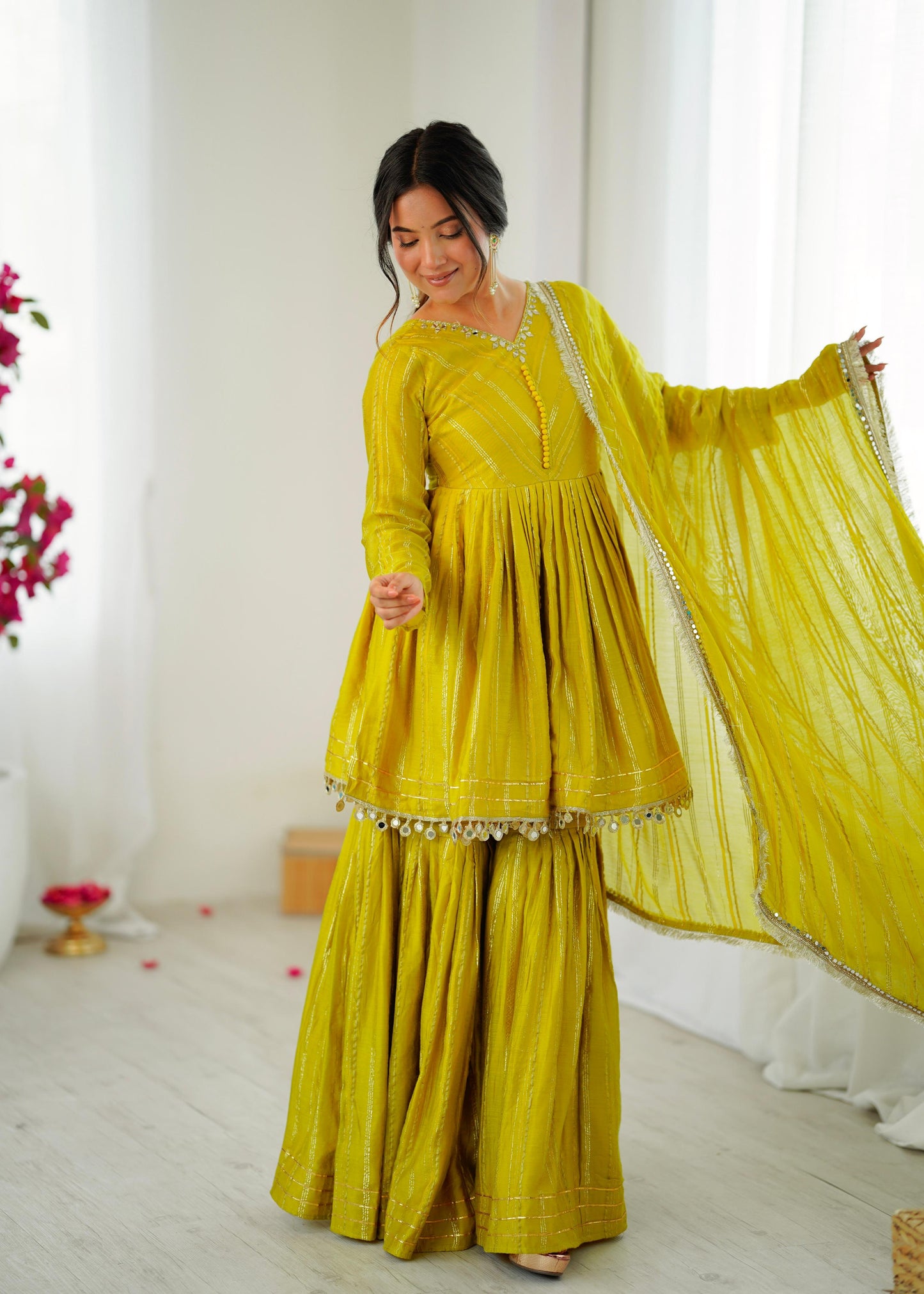Lime Yellow Mul Chanderi Sharara Suit Set