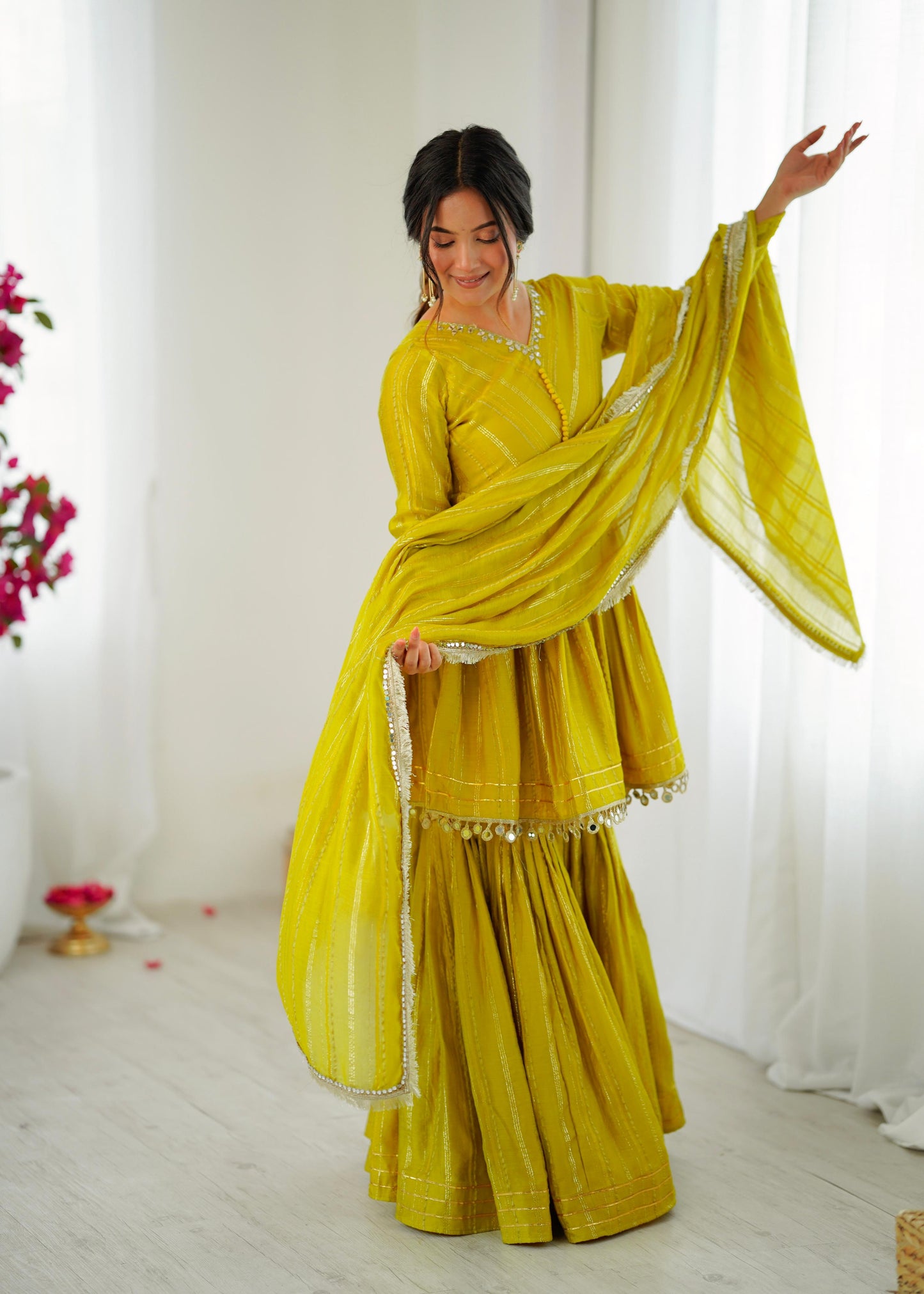 Lime Yellow Mul Chanderi Sharara Suit Set