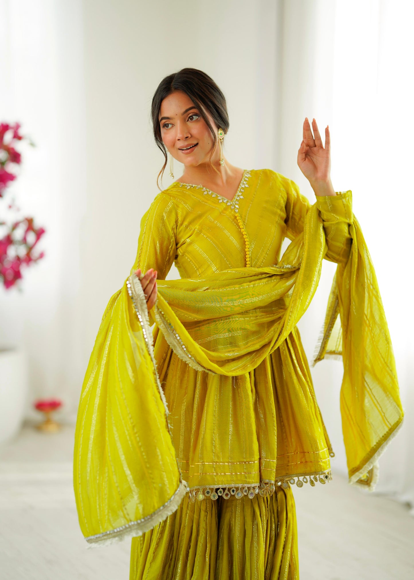 Lime Yellow Mul Chanderi Sharara Suit Set