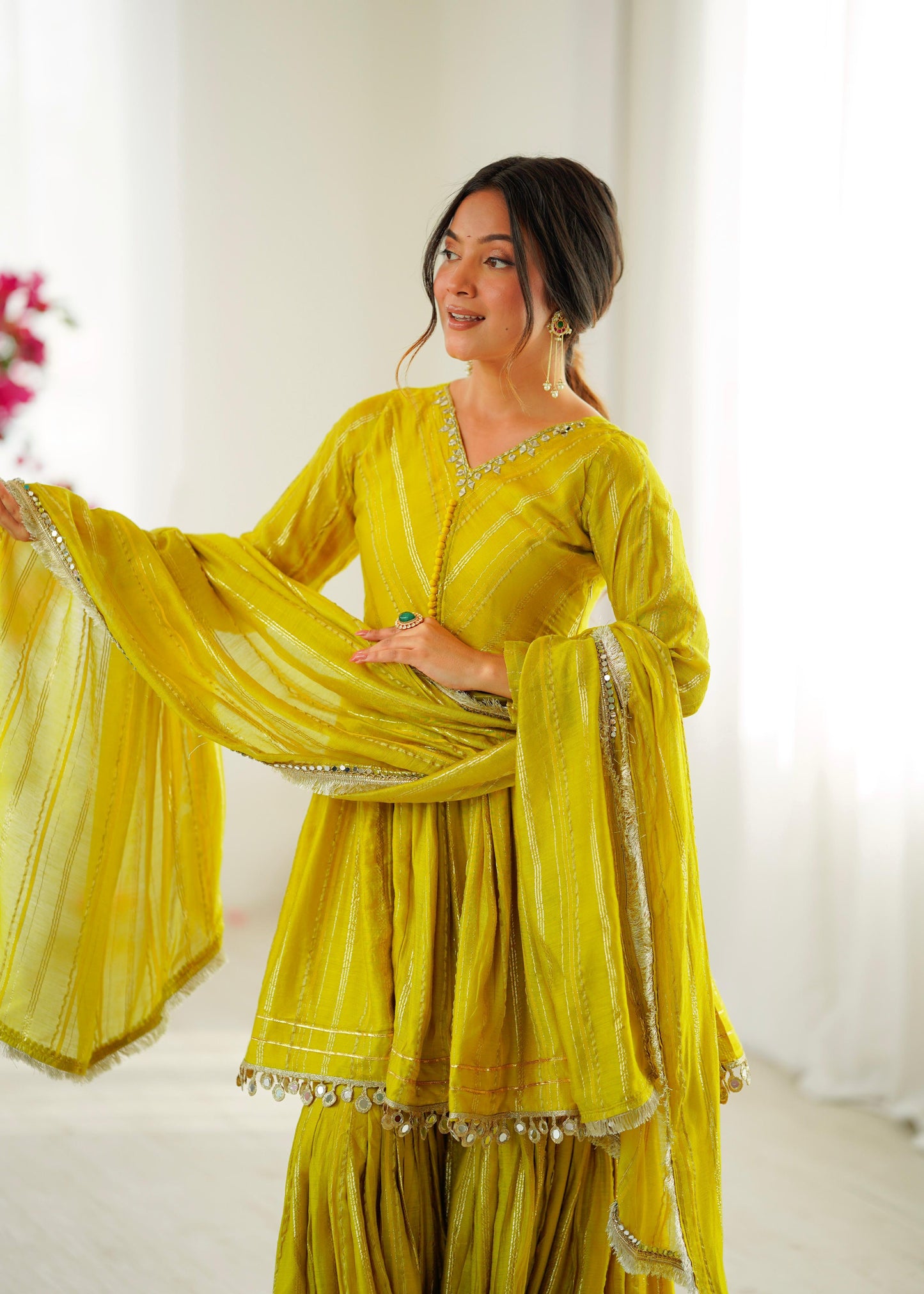 Lime Yellow Mul Chanderi Sharara Suit Set