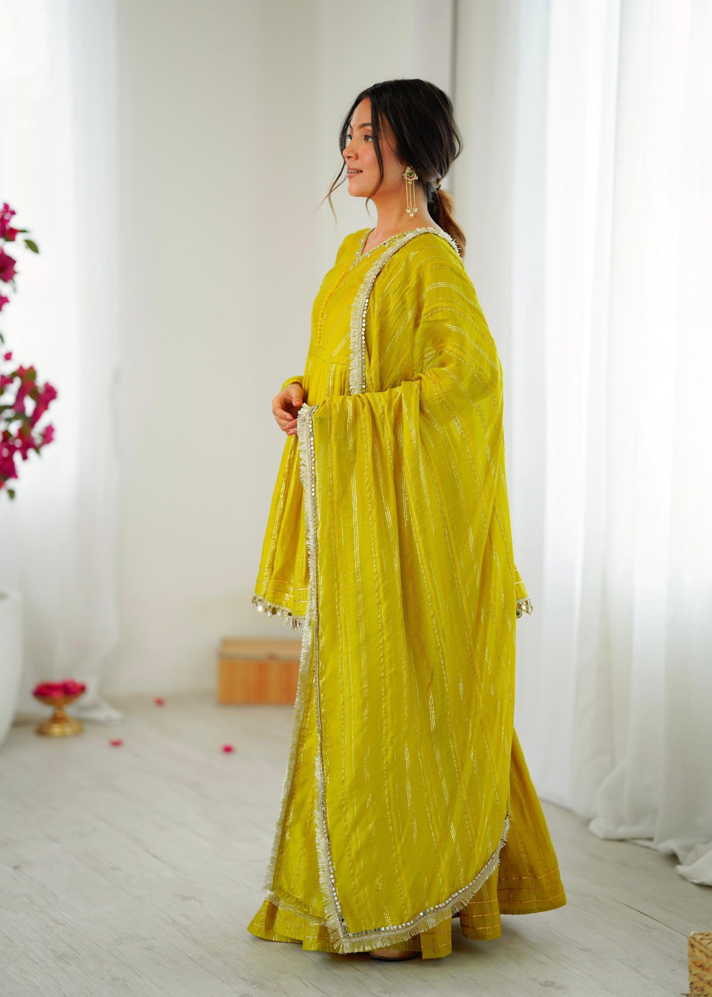 Lime Yellow Mul Chanderi Sharara Suit Set