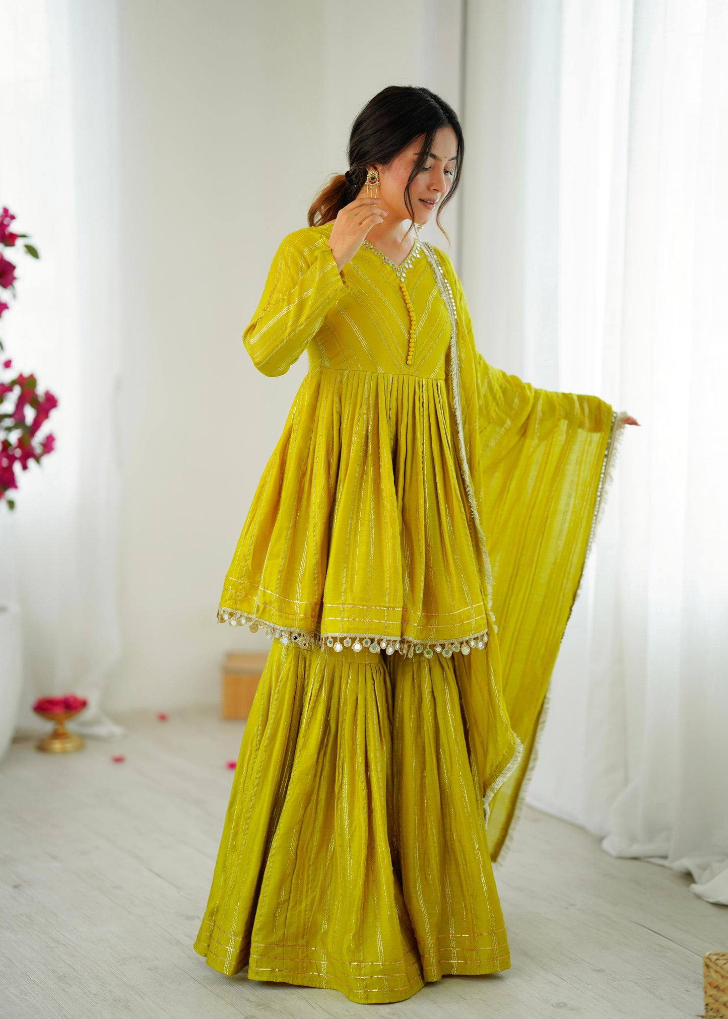 Lime Yellow Mul Chanderi Sharara Suit Set