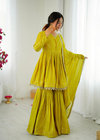Lime Yellow Mul Chanderi Sharara Suit Set