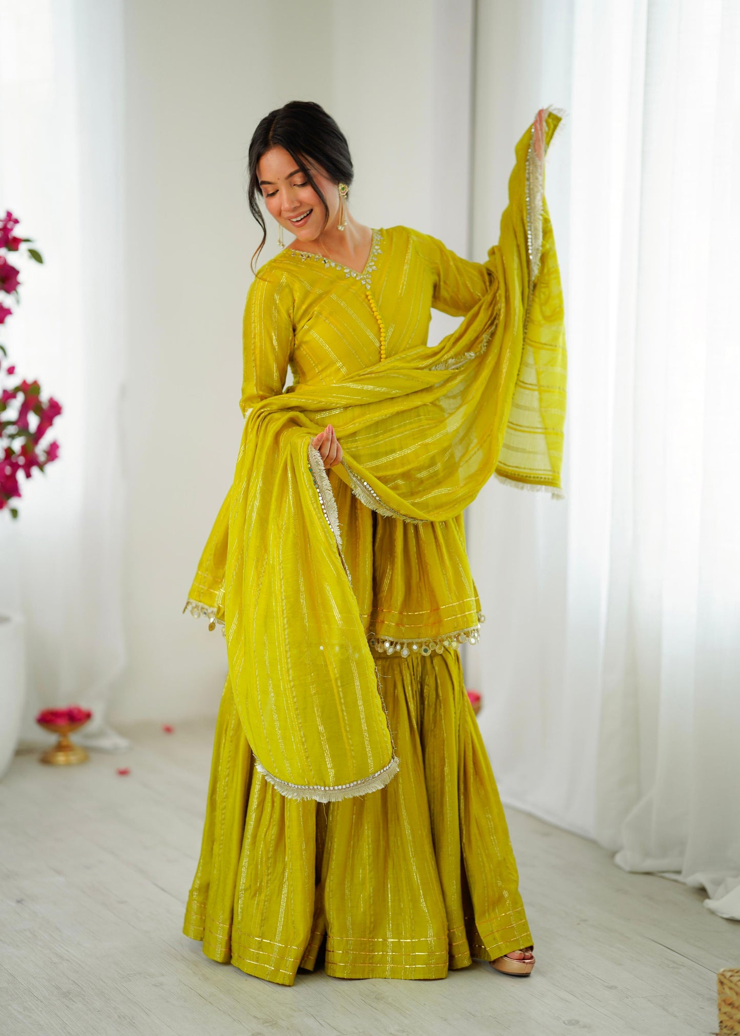 Lime Yellow Mul Chanderi Sharara Suit Set