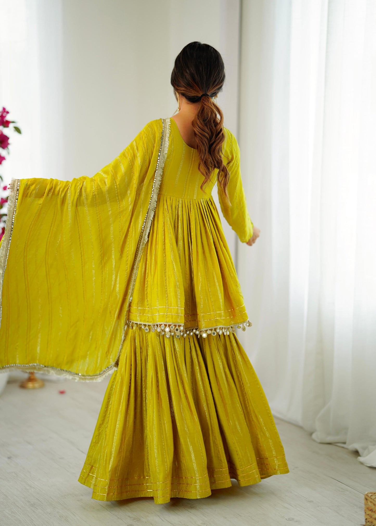 Lime Yellow Mul Chanderi Sharara Suit Set
