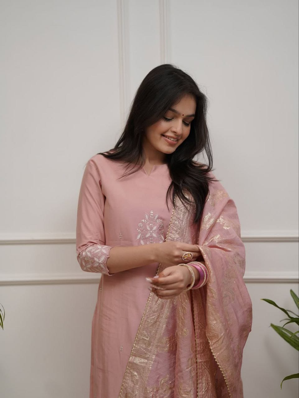 Peach Chanderi Embroidered Kurta Suit Set