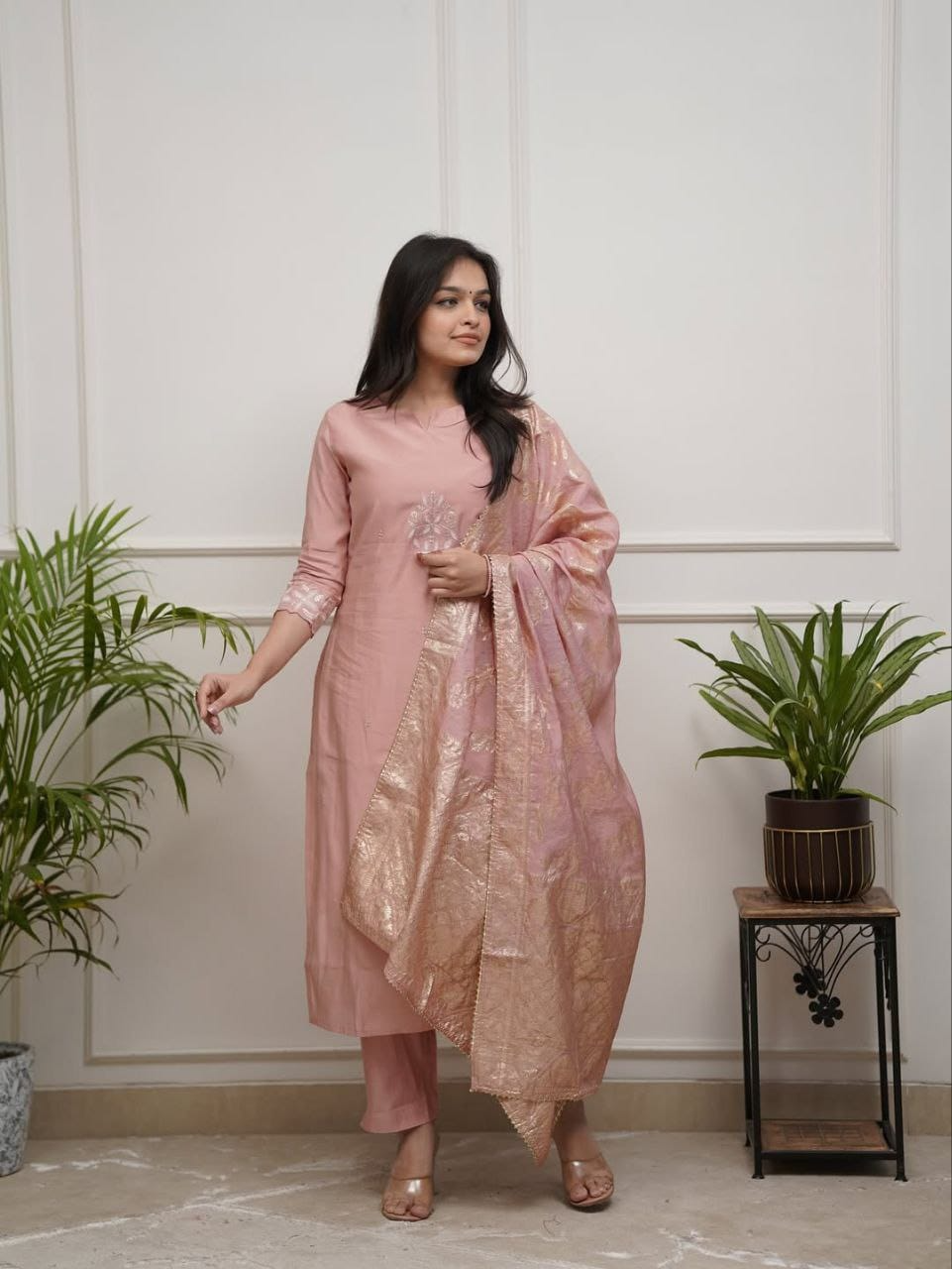 Peach Chanderi Embroidered Kurta Suit Set