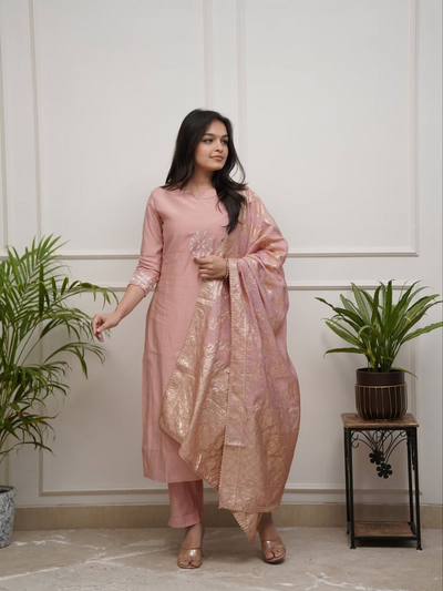 Peach Chanderi Embroidered Kurta Suit Set