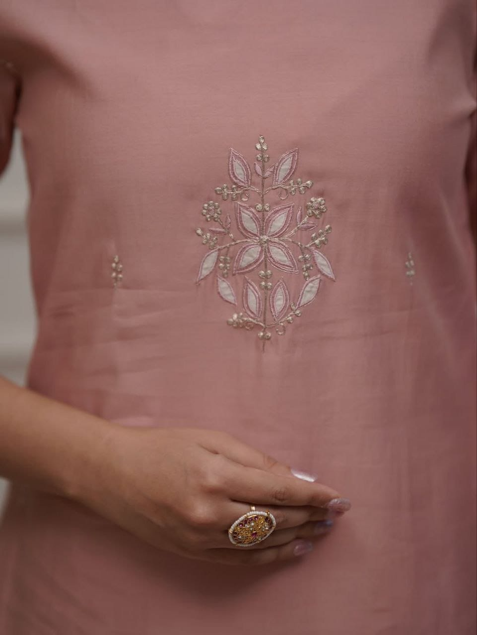 Peach Chanderi Embroidered Kurta Suit Set