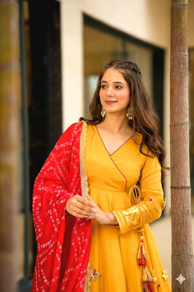 Yellow Chinnon Angrakha Gown With Palazzo & Bandhani Dupatta