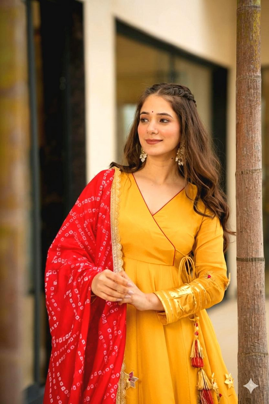 Yellow Chinnon Angrakha Gown With Palazzo & Bandhani Dupatta