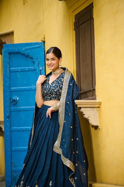Vichitra Silk Sequins Embroidered Lehenga- Semi Stitched