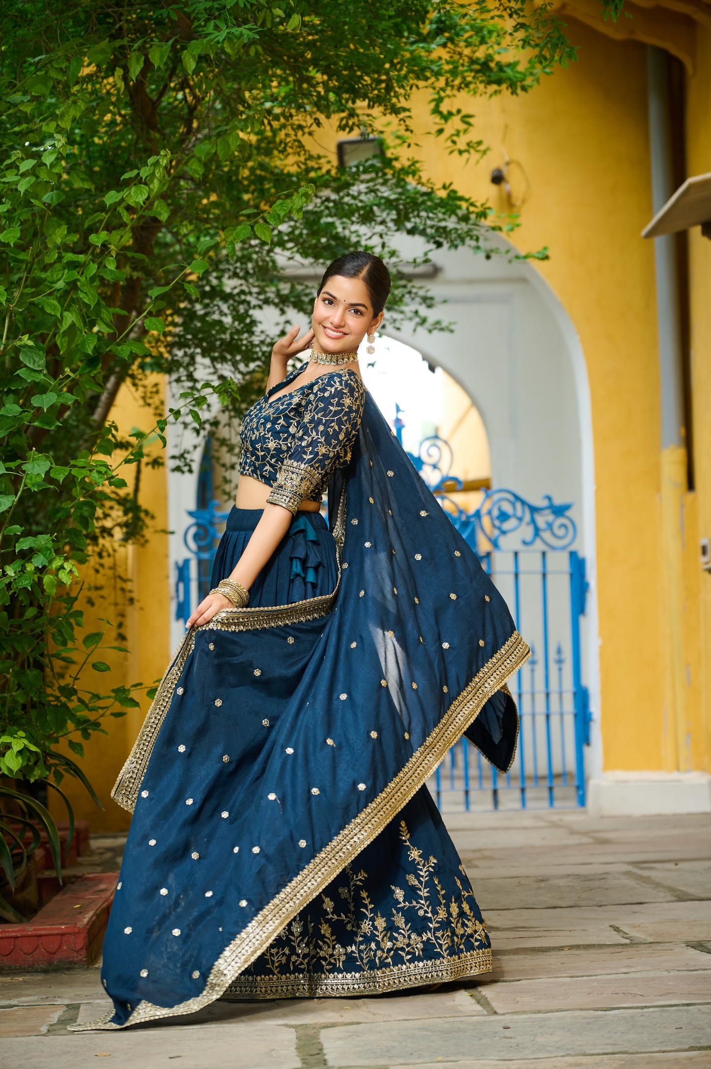 Vichitra Silk Sequins Embroidered Lehenga- Semi Stitched