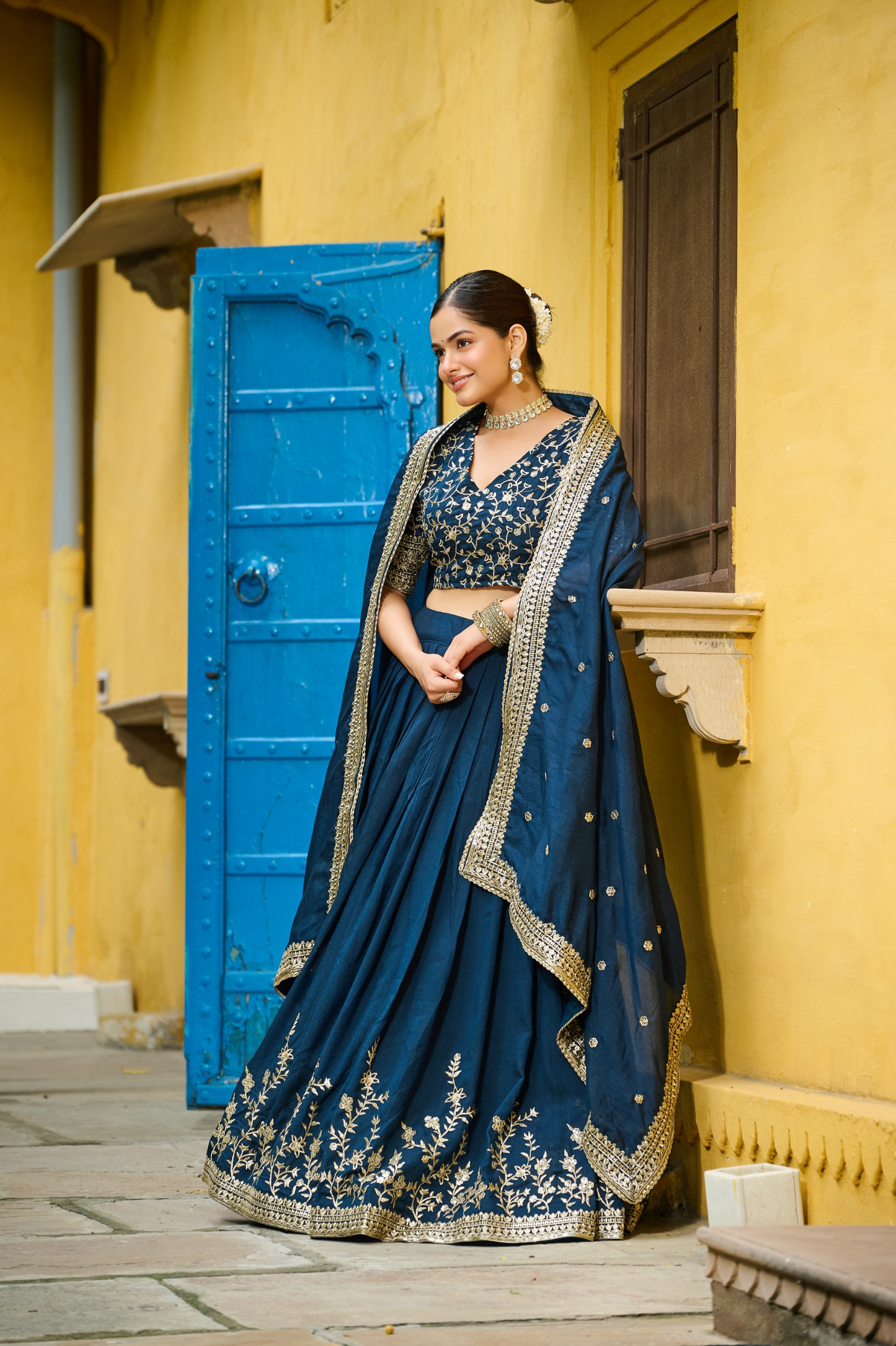 Vichitra Silk Sequins Embroidered Lehenga- Semi Stitched