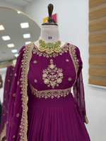 Wine Sequence Embroidered Georgette Gown
