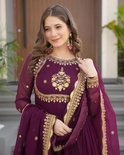Wine Sequence Embroidered Georgette Gown