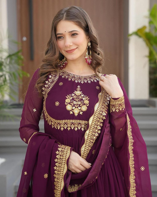 Wine Sequence Embroidered Georgette Gown