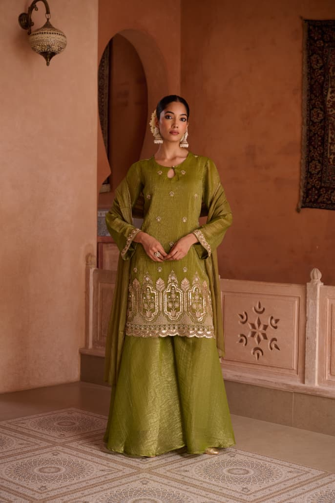 Henna Shimmer Tissue Embroidered Festive Kurta Palazzo Suit Set