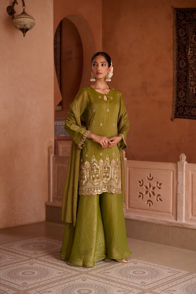 Henna Shimmer Tissue Embroidered Festive Kurta Palazzo Suit Set