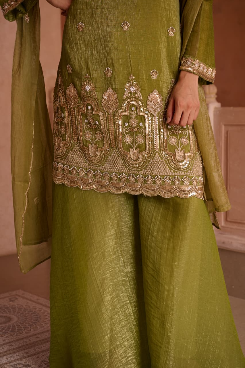 Henna Shimmer Tissue Embroidered Festive Kurta Palazzo Suit Set