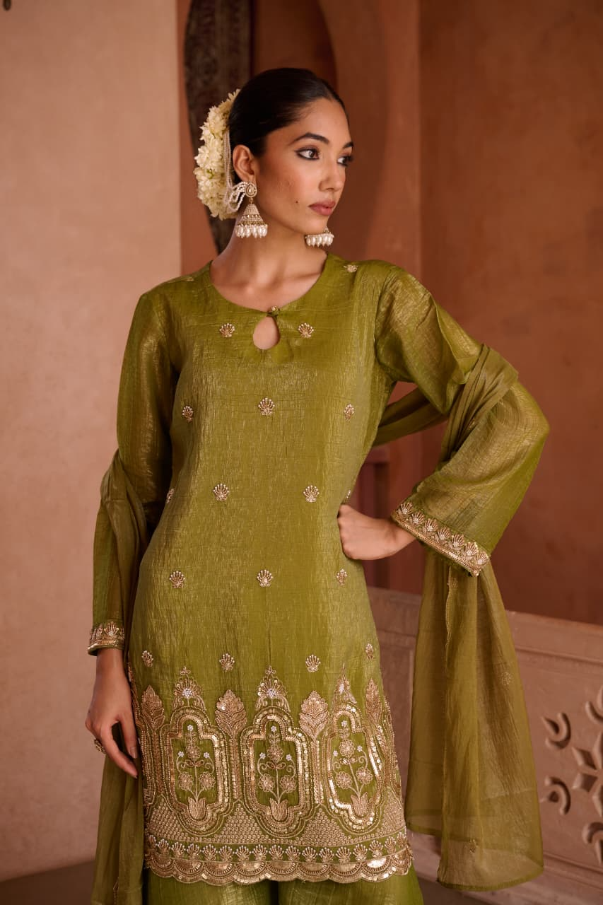 Henna Shimmer Tissue Embroidered Festive Kurta Palazzo Suit Set