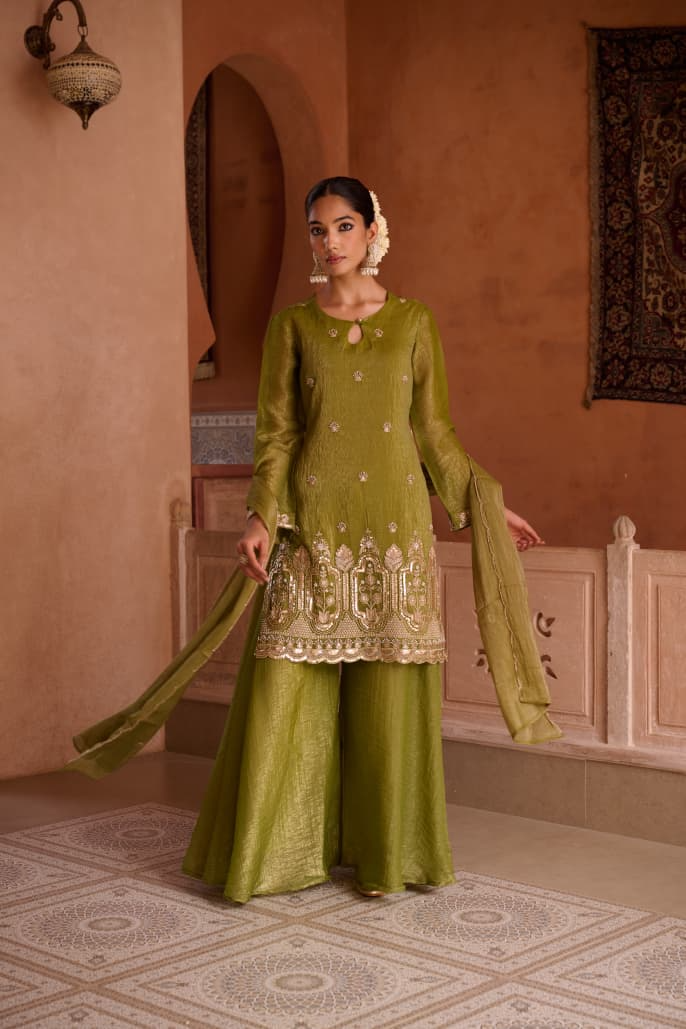 Henna Shimmer Tissue Embroidered Festive Kurta Palazzo Suit Set