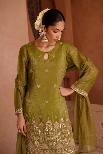 Henna Shimmer Tissue Embroidered Festive Kurta Palazzo Suit Set