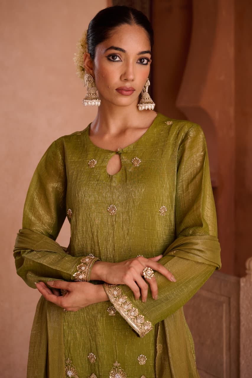 Henna Shimmer Tissue Embroidered Festive Kurta Palazzo Suit Set