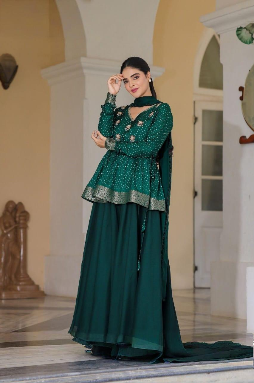 Deep Green Chiffon Indo-Western Lehenga