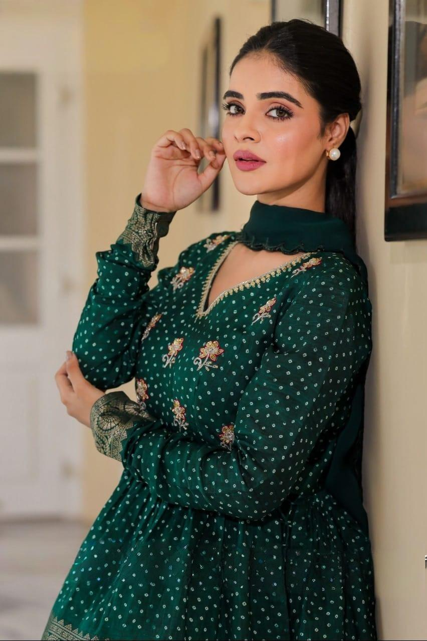 Deep Green Chiffon Indo-Western Lehenga
