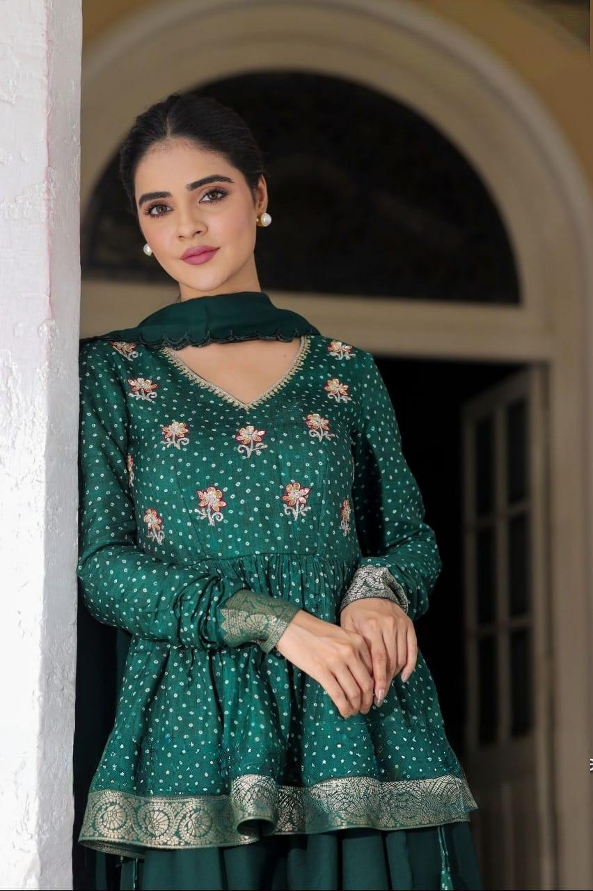 Deep Green Chiffon Indo-Western Lehenga