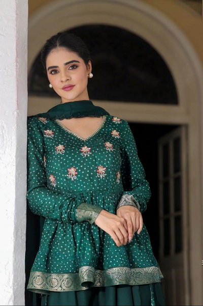 Deep Green Chiffon Indo-Western Lehenga