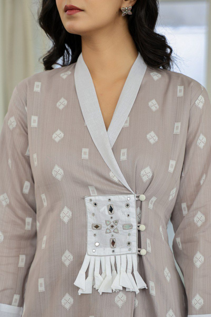 Taupe Cotton Floral Kurta Palazzo Set