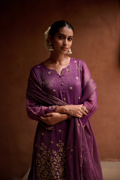 Burgundy Shimmer Tissue Embroidered Festive Kurta Palazzo Suit Set
