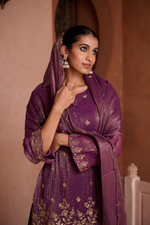 Burgundy Shimmer Tissue Embroidered Festive Kurta Palazzo Suit Set
