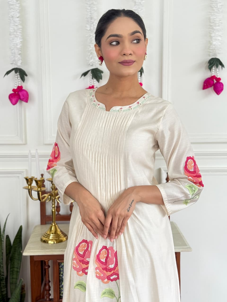 White Floral Russian Silk Suit Set