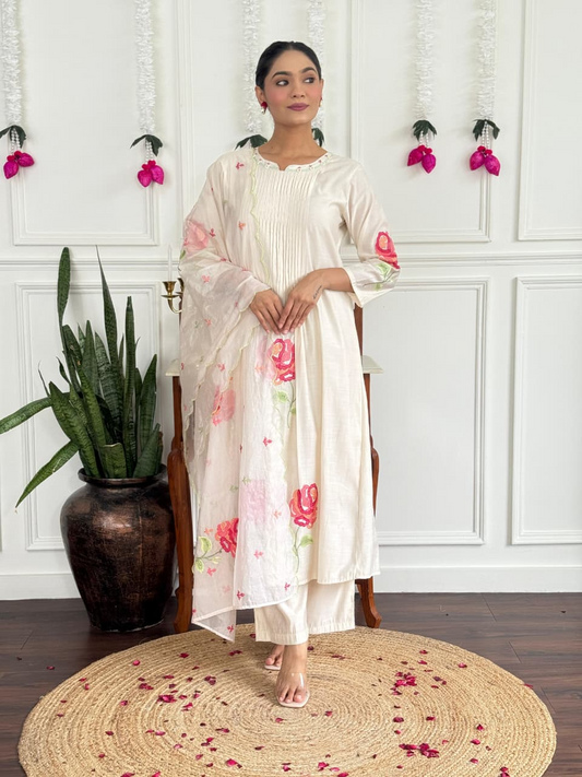 White Floral Russian Silk Suit Set