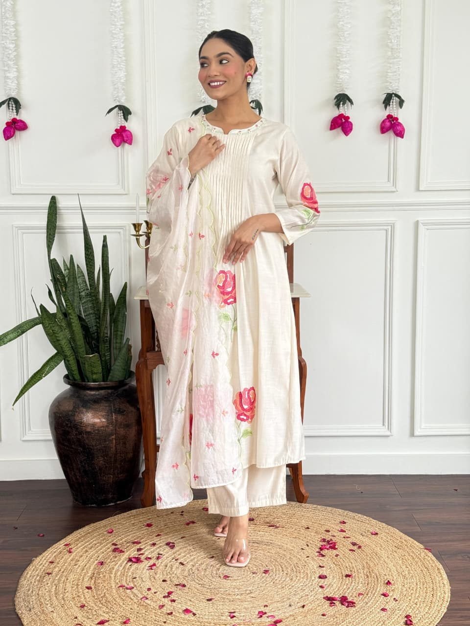 White Floral Russian Silk Suit Set