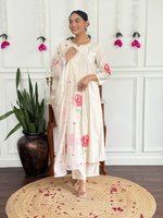 White Floral Russian Silk Suit Set