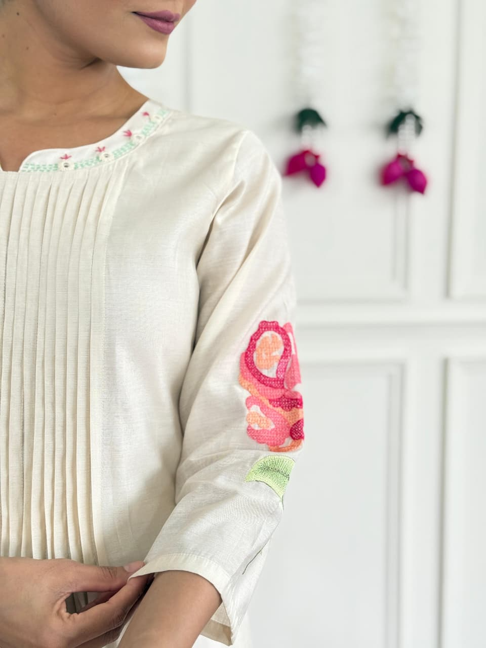 White Floral Russian Silk Suit Set