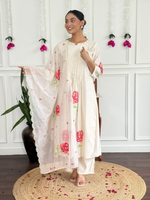 White Floral Russian Silk Suit Set