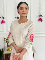 White Floral Russian Silk Suit Set