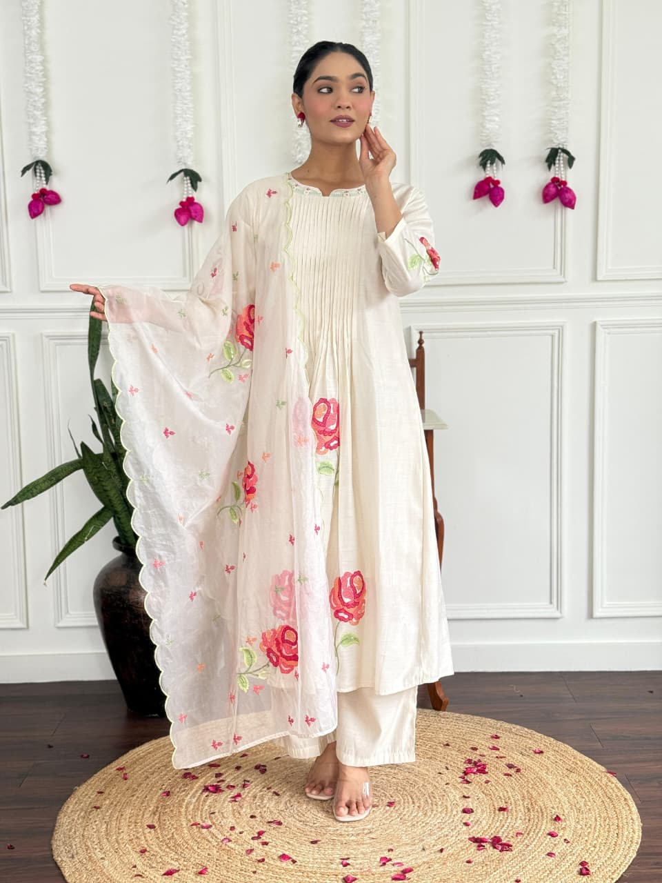 White Floral Russian Silk Suit Set