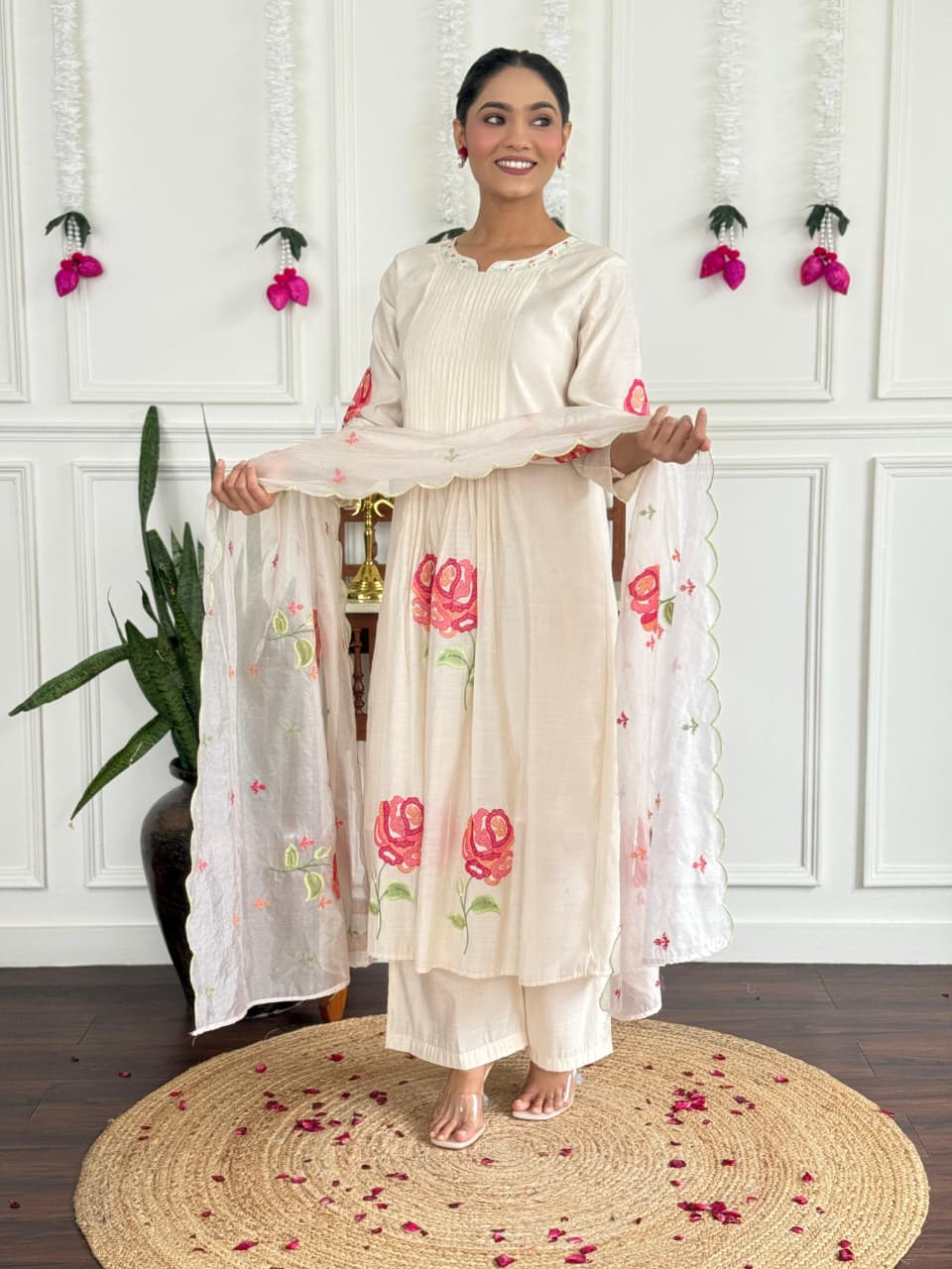 White Floral Russian Silk Suit Set