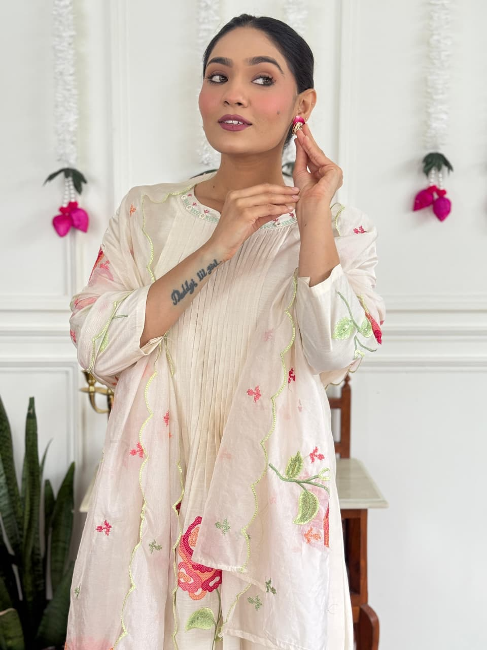 White Floral Russian Silk Suit Set